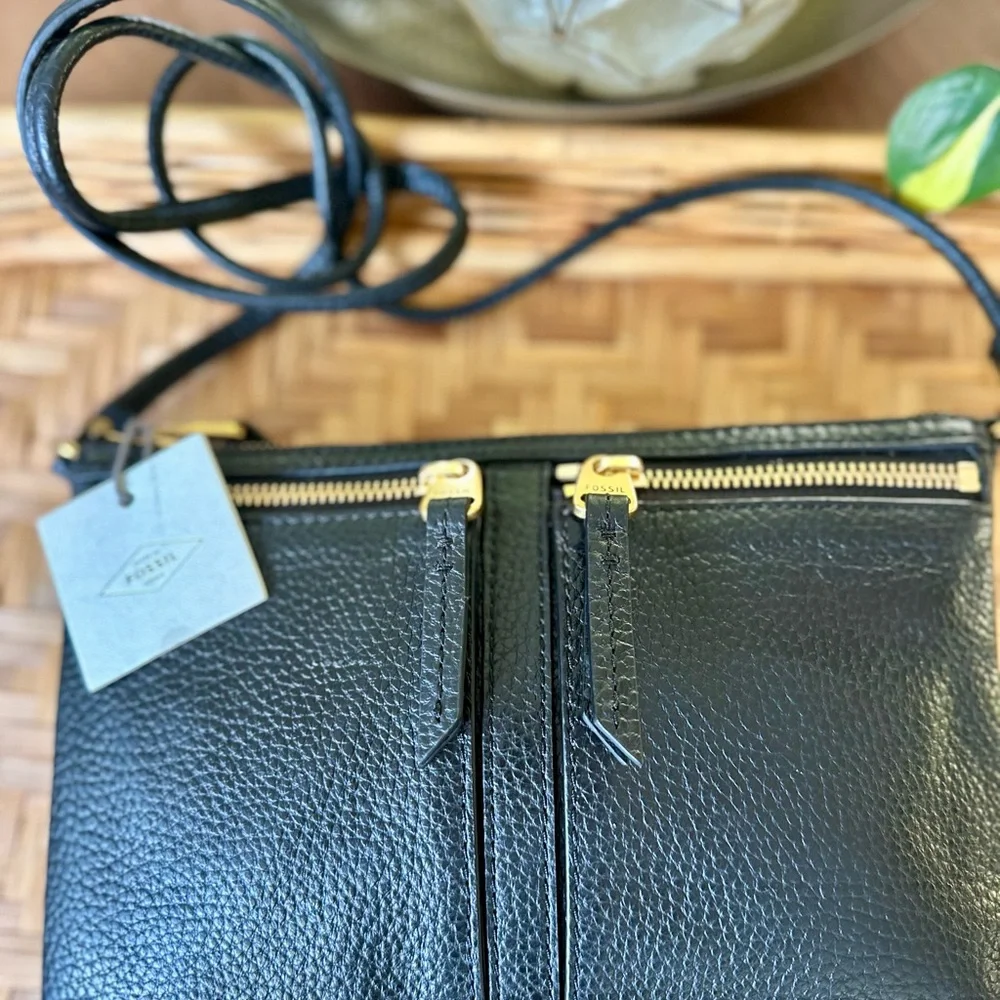 Fossil Black Pebbled Leather Crossbody Bag Double Zip Purse Adjustable Strap - Picture 10 of 10